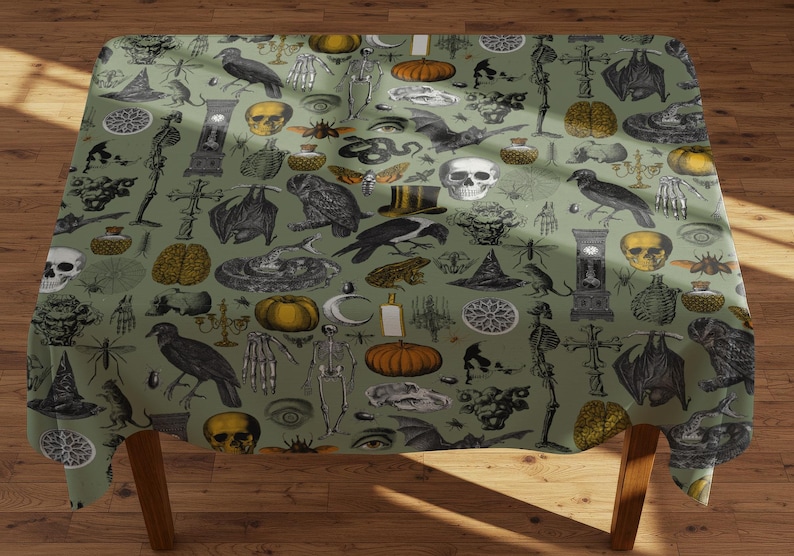 a table covered with a green table cloth