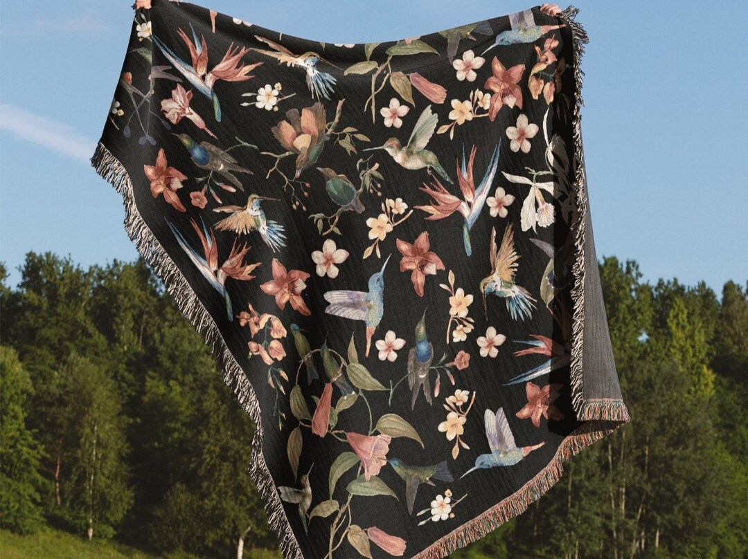 Black Hummingbird & Bird of Paradise Woven Throw Blanket, Cottagecore ...