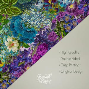 The image is a vibrant collage of various colorful flowers and foliage, including blue, purple, and yellow blooms, arranged in a visually appealing manner.