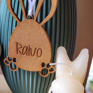 Etichette personalizzate a forma di coniglietto pasquale, ciondoli pasquali per regali di caramelle, decorazioni a sorpresa pasquali, coniglietto di legno personalizzato, decorazione ecologica