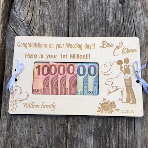 Gepersonaliseerd huwelijkscadeau. Houten geldgeschenkdoos.  Geld cadeau envelop. Geld cadeau-idee. Houten cadeaubon, geld, contant.