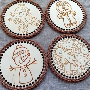 Set of wooden coasters, Engraved crocheted decoration Christmas theme 4 pcs. A gift for children grandparents or nice friendsNature friendly