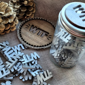 WTF Gift Jar with 65 wooden souvenirs and WTF coaster - wooden words mock gifts