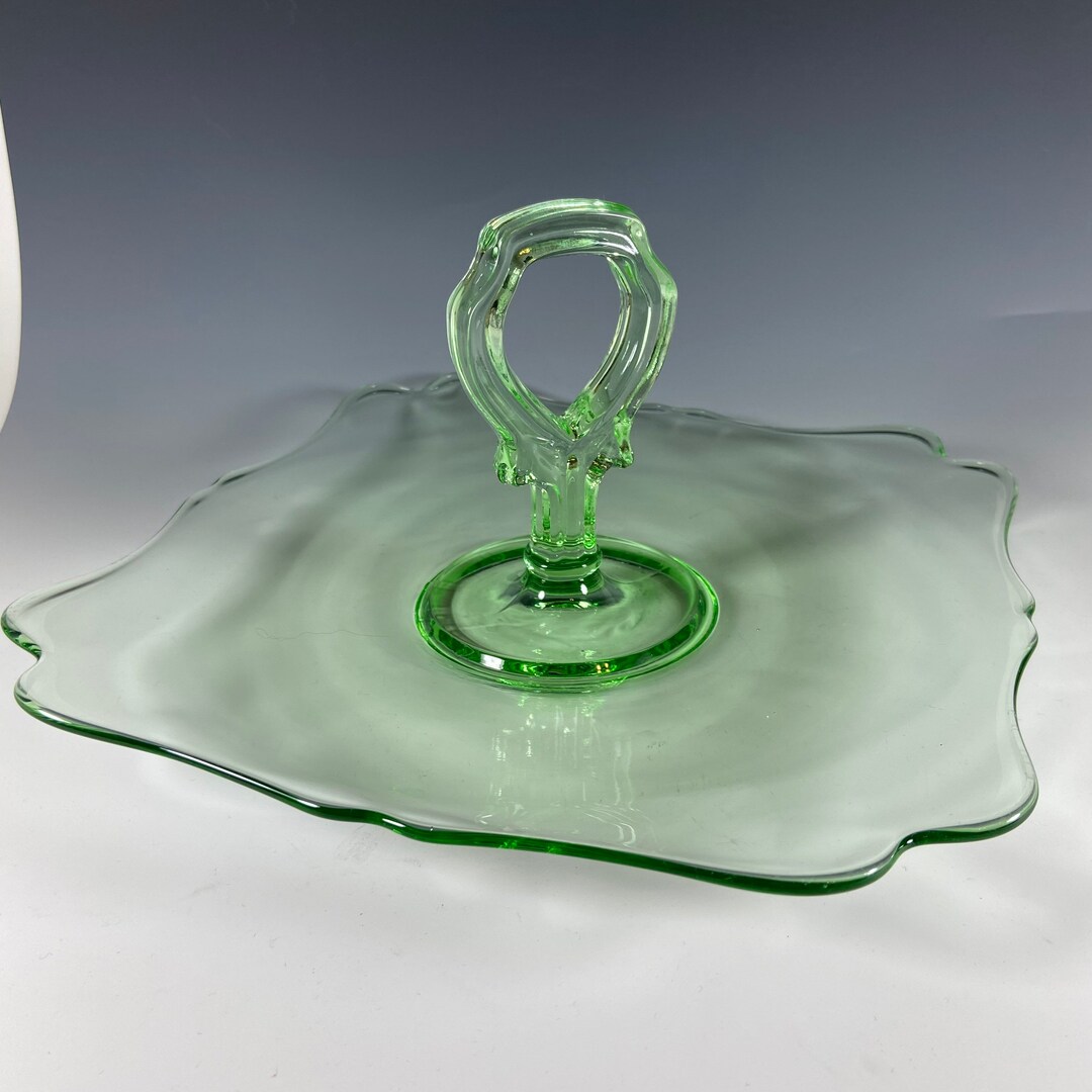 New Martinsville Center Handle Green Glass Server Vintage Green Glass Tray With Handle Etsy