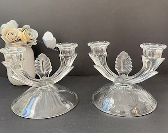 Vintage Glass Double Arm Candle Holders, Pressed Glass Baroque Clear Glass Double Arm Candlestick Holders, Art Deco Candle Holder