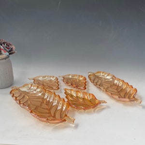 Jeannette Marigold Orange Leaf Dishes, Vintage Iridescent Amber Orange Glass Dishes, Vintage Orange Carnival Glass | Fall Decor