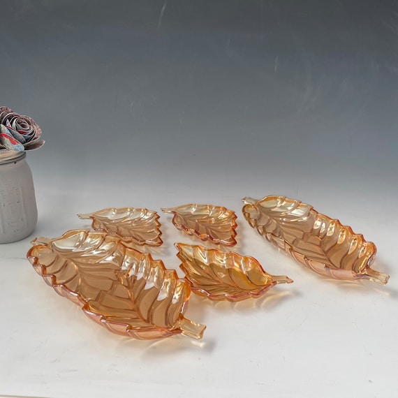 Jeannette Marigold Orange Leaf Dishes, Vintage Iridescent Amber