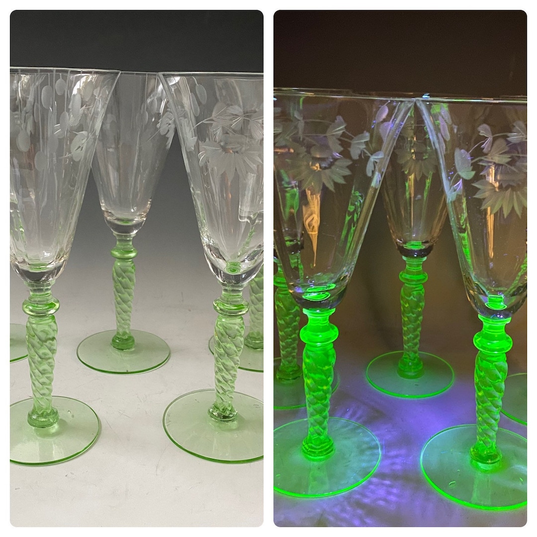 S/5 Weston Uranium Green Twisted Stem Floral Etched Wine Glasses Weston Green Stem Water Glasses