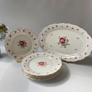 May include: Set of white porcelain plates with a pink rose design and gold trim. The set includes a large oval serving platter, a soup bowl, and four dinner plates.