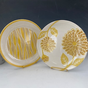 Vintage 1970&#39;s Yellow Ironstone Serving Plates, Royal Ironstone Yellow Flowers, Homer Laughlin Waves, Groovy Yellow Plates, Yellow Stoneware
