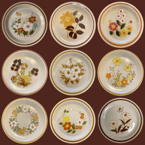 Vintage stengodstallrikar från 1970-talet, omaka tallrikar i stengods från Japan, ditt val av vintage blommiga stengodstallrikar, retro mattallrikar