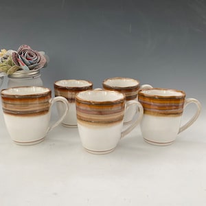 S/5 Sango Waves Brown Mugs | Vintage Brown Earthenware Mugs | Vintage Brown Stoneware Mugs