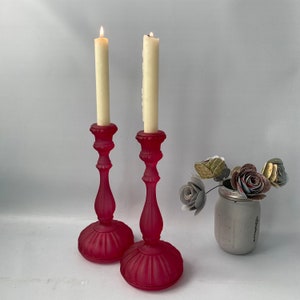 Pair of Red Cranberry Frosted Satin Taper Candle Stick Holders Made in Portugal, Cranberry Red Candle Holders