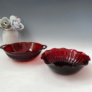 Hocking Glass Royal Ruby Coronation Banded Rib Large BerryBowl | Vintage Ruby Red Bowl | Red Depression Glass Bowl