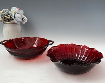 Hocking Glass Royal Ruby Coronation Banded Rib Large BerryBowl | Vintage Ruby Red Bowl | Red Depression Glass Bowl