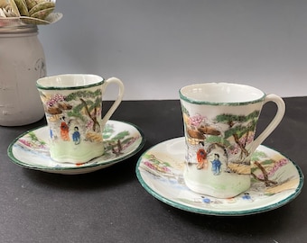 S/2 Vintage Porcelain Geisha Demitasse Tea Cups | Vintage Hand Painted Japan Geisha Nippon Coffee Espresso Cups