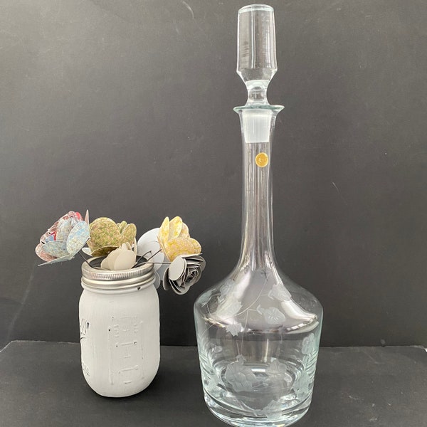 Vintage Bohemia Crystal Floral Etched Wine Decanter | Floral Etched Glass Decanter w/ Stopper