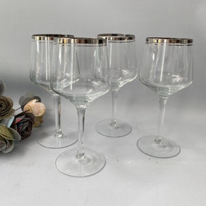 Vintage Double Platinum Rim Wine Water Glasses, Silver Rim Wine Water Goblets, Silver Rim Cocktail Glasses, Double Silver Rim Wine Glass