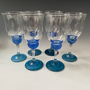 S/6 Dema International Baroque Blue Stem Wine Glasses, Blue Stem Wine Goblets, Beach House Wine Glasses