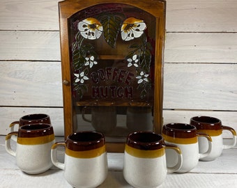 Vintage 1970's Three Tone Brown Coffee Mugs and Coffee Mug Cabinet, Holder | Coffee Hutch Cabinet | Retro Mugs