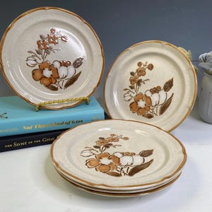 Hearthside Autumn Fair Stoneware Salad Dessert Lunch Plates, Stoneware Japan Brown Flower Plates, Retro Brown Plates