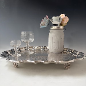 Silver Plate Footed Salver Tray, Silver Rectangular Footed Butlers Tray