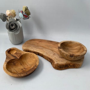 Olive Wood Charcuterie Board Set | Olive Wood Olive Holder & Dip Cracker Holder | Olive Wood Bowl | Olive Wood Cutting Serving Board