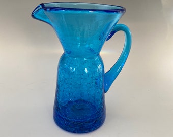 Handblown Cobalt Blue Crackle Glass Pitcher Creamer