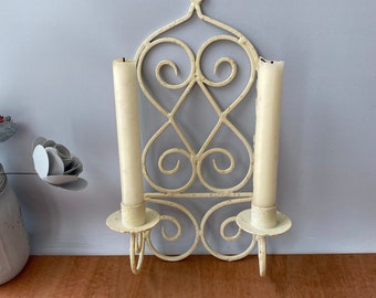 Vintage Wrought Iron Cream Taper Holder | Shabby Chic Farmhouse Garden Style Decor Candle Holder | Vintage Wrought Iron Candle Wall Sconce