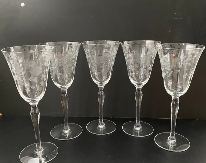 5 Vintage Etched Wine Glasses Floral Etched Large Wine Glasses Vintage