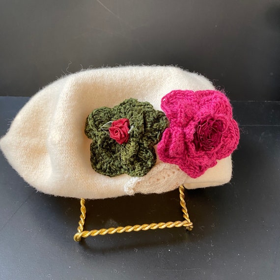 Vintage Crochet Flowers Wool Beret with Matching … - image 7