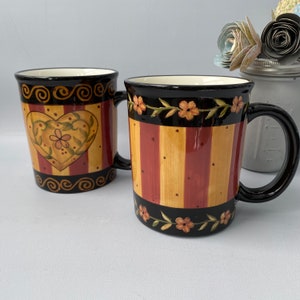 S/2 Vintage Lang & Wise Collector Mugs | Vintage Lang Mugs | Red Black Heart Mugs