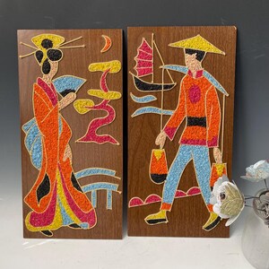 Vintage Chinoiserie Geisha Gravel Art, Vintage Mid Century Gravel Art, Vintage Mid Century Pebble Art