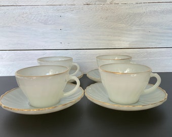 Vintage Anchor Hocking Fire King White Milk Glass Swirl Shell Coffee Cups with Saucers Set of 8 Cups with Saucers