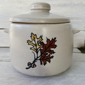 May include: A white ceramic crock pot with a lid, featuring a brown and yellow leaf design. The crock pot has two handles on the sides.
