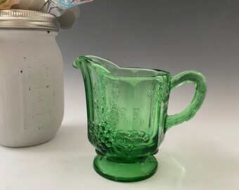 Vintage L.G. Wright Green Glass Paneled Grape Patterned Creamer | Green Glass Creamer | Green Creamer