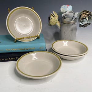 Meadowbrook Wild Flower Stoneware Japan Avocado Green Rim Bowls, Vintage Stoneware Bowls, Avocado Green Rimmed Bowls