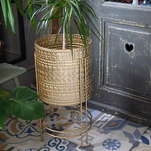 Luxurious Large Gold Embossed Metal Planter with Stand