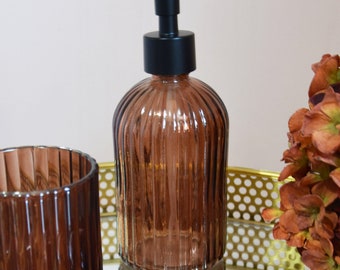 Amber Ribbed Glass Soap Dispenser - Luxurious Vintage Bathroom Accessory