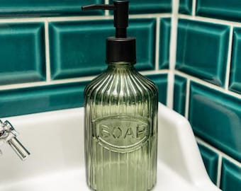 Glass Soap Dispenser with Black Pump - Green