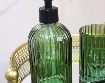 Vintage-Inspired Green Ribbed Glass Soap Dispenser - Elegant Bathroom Accessory