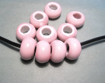 10 Pink Ceramic Beads: Large Hole, Handmade Glazed (14mm)(No.CL41-243)