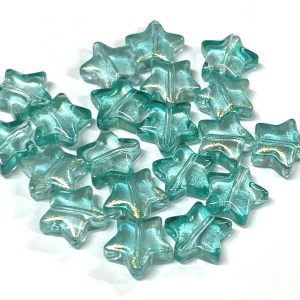 20pcs of Turquoise Blue Star Glass Beads with Gold Glitter Powder Translucent Star Beads 10mm (No.ST27-2586)