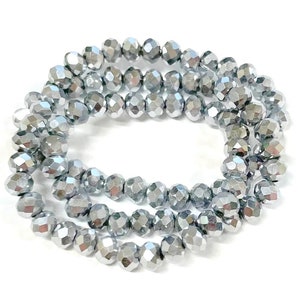 1 Strand (90pcs) of Electroplate Plated Metallic Silver 6mm Rondelle Faceted Glass Crystal Beads (No.164-1348)