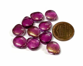 10pcs of Purple Flat Smooth Teardrop Glass Beads with Gold Glitter Powder 12x10mm( No. FD7-1204)