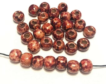 50pcs de perles en bois imprimées de couleurs mélangées 10mm perles rondes en bois naturel perles de tressage de cheveux (No.RD3)