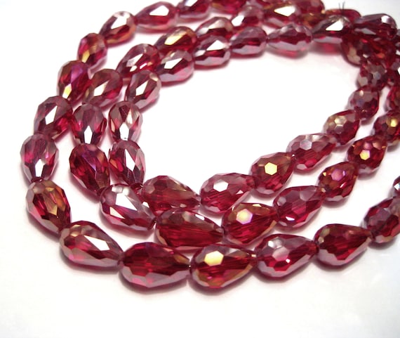 10pcs of Electroplated Red Faceted Teardrop Glass Beads