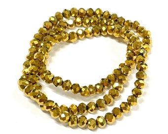 1 Strand (130pcs)of Metallic Plated Gold 4mm Rondelle Faceted Glass Crystal Beads. No.130-936