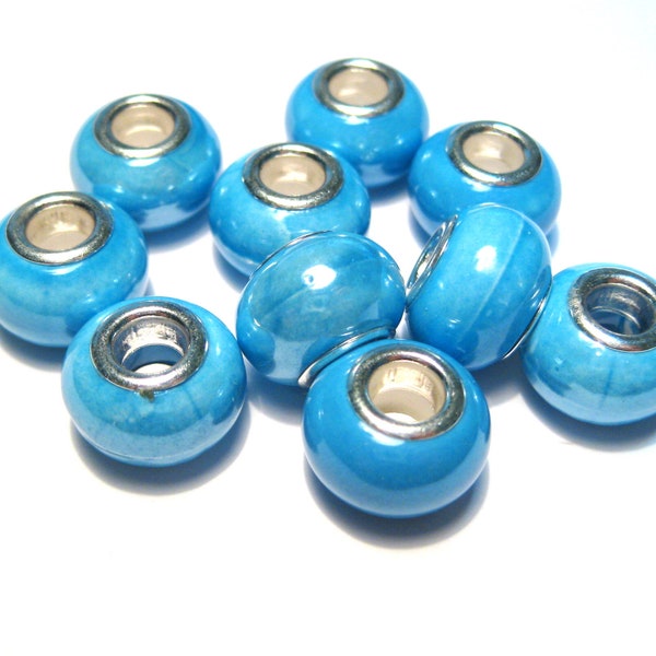 10pcs of Blue Ceramic European Beads Large Hole Rondelle Beads 14x9mm Ceramic Beads (No.CL6-273)