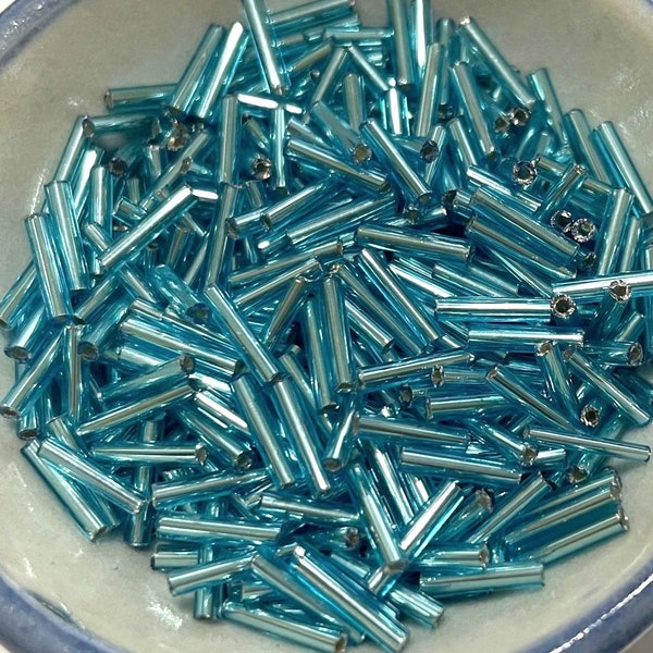 20 Grams Light Turquoise Blue Silver Lined Bugle Beads 9mm(No.ST88-162)